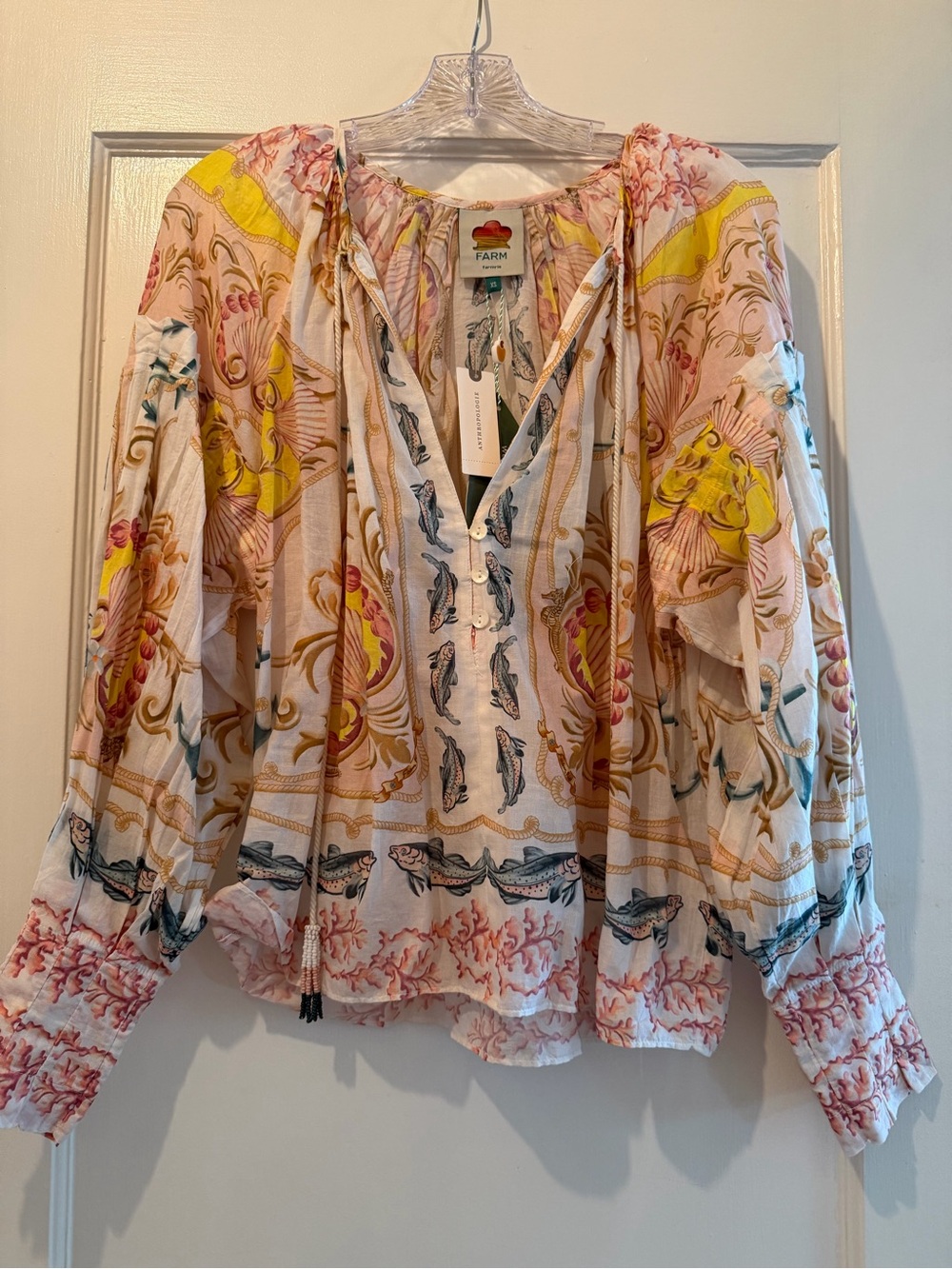 FARM Rio Pink Yellow Coral & Fish Printed Peasant Blouse